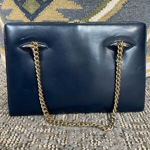 Gucci Vintage Structured Leather Bag Gold Chain Handles 1960s Navy Blue Black